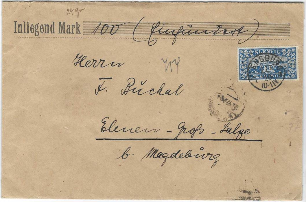 Schleswig (Schleswig)  1920 (27.4.) insured cover for 100M to Magdeburg  bearing 2m single franking tied Flensburg cds, arrival backstamp with two red wax seals.
