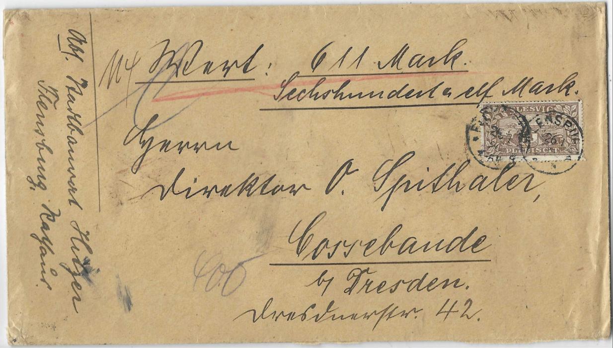 Schleswig (Schleswig)  1920 insured envelope for “611 Mark” to Dresden bearing single franking 1m. tied by Flensburg cds, five large red wax seals on reverse, two largely complete, two with about half remaining and one missing.