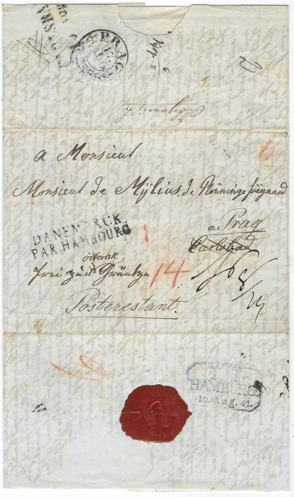 Denmark (Hamburg Post Offices) 1841 entire to Carlsbad redirected to “Poste Restante” Prag bearing two-line DANEMARCK/ PAR HAMBOURG, reverse with framed T.T./ HAMBURG three-line date stamp plus two-line Carlsbad and circular Prag date stamps; good example.