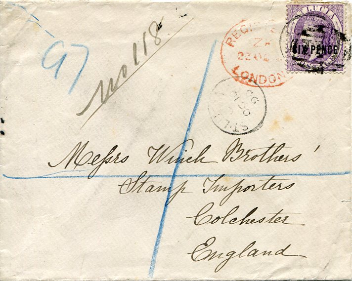 Saint Lucia 1890 (10 Oct) registered cover to ‘Winch Brothers’, Colchester bearing 1881-84 ‘SIX PENCE’ surcharge tied by ‘A11’ obliterator and St. Lucia cds, with another strike to left and Registered London transit, arrival backstamp.