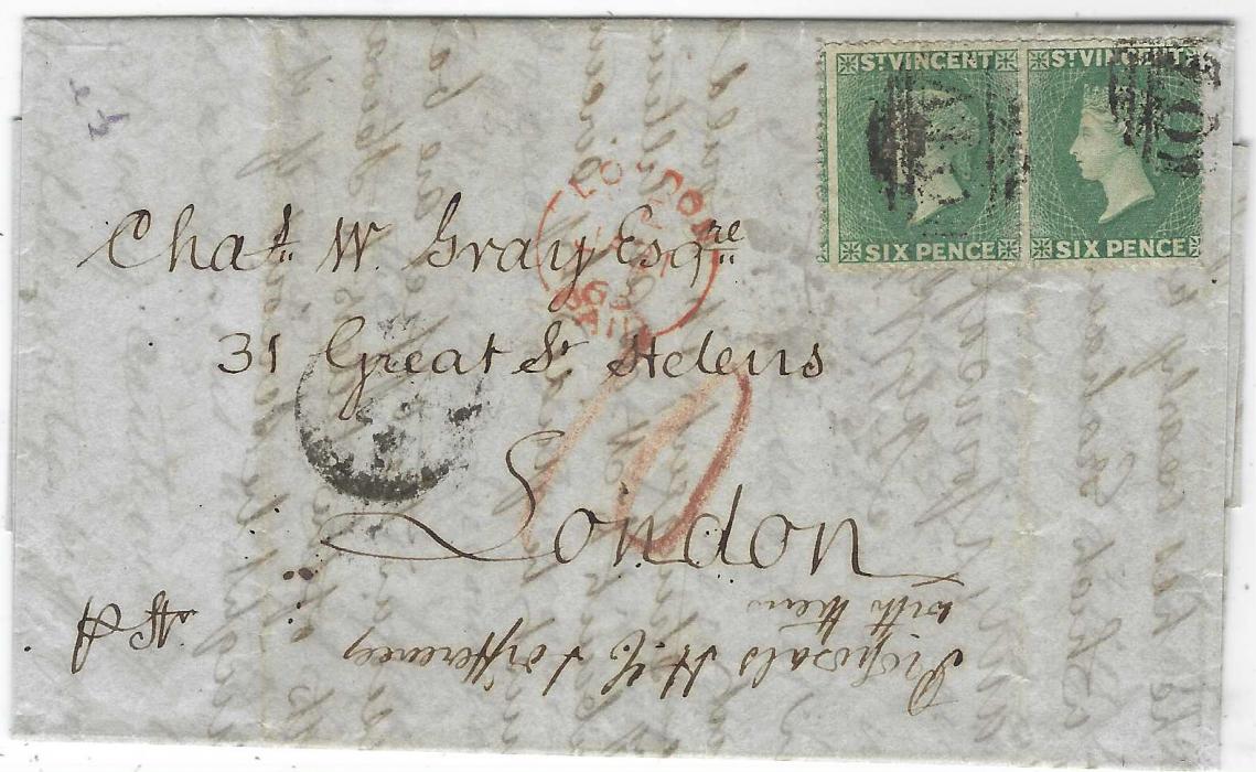 Saint Vincent 1863 (8 Jan) double rate entire to London, bearing 1862 (Sept) rough perf 14 to 16 6d. deep green pair tied by ‘A10’ obliterator, red crayon “19”, unclear despatch cds and red London Paid arrival date stamp of 31.1., the right-hand stamp with ironed-out filing crease. B.P.A. Cert (1971). Ex Bessemer 1970, Ex Jaffe 2006.