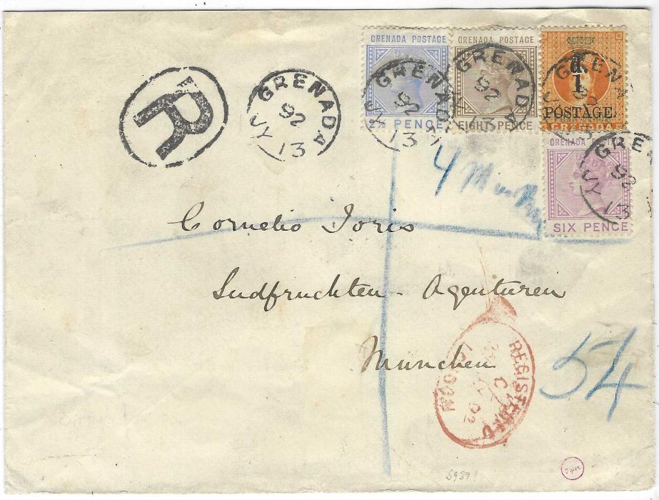 Grenada 1892 (JY 13) registered cover to Munich franked 1886 1d. on 4d. orange plus 1883 2½d., 6d. and 8d. all tied by GRENADA cds, large oval framed ‘R’ and red oval REGISTERED/ LONDON, arrival backstamp; a scarce surcharge value on cover.