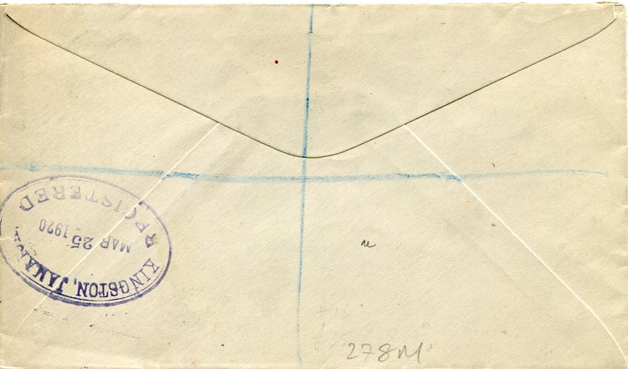 Cayman Islands 1920 (MR 10) registered cover from Georgetown to Scotland franked by two horizontal pairs of 1919-20 1½d. on 2d. grey, type 18 surch, tied by individual strikes on first day of issue, with ‘R’ in oval and boxed registration number in blue crayon, Kingston Jamaica/ Registered transit backstamp in blue; fine cover.