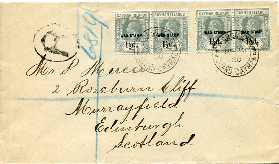Cayman Islands 1920 (MR 10) registered cover from Georgetown to Scotland franked by two horizontal pairs of 1919-20 1½d. on 2d. grey, type 18 surch, tied by individual strikes on first day of issue, with ‘R’ in oval and boxed registration number in blue crayon, Kingston Jamaica/ Registered transit backstamp in blue; fine cover.