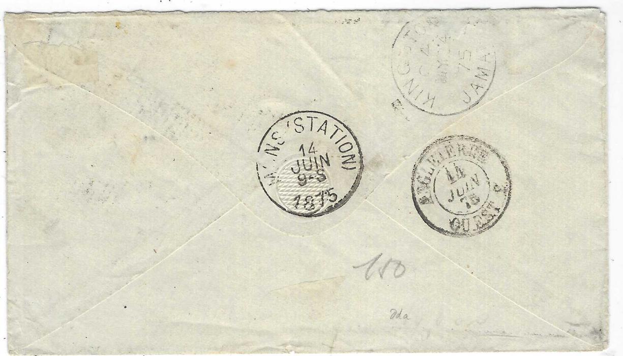 Jamaica 1875 (MY 24) cover to Mons, Belgium bearing 2d. rose and 1/- brown both cancelled by superb ‘A42’ and showing equally fine despatch alongside (Proud D2 and te earliest recorded), “1/1” manuscript rating, London Paid of 14 JU, reverse with Kingston (MY 4), ANGLETERRE/OUEST entry (14.6) and Mons Station (14.6.) backstamps; a most attractive franking.