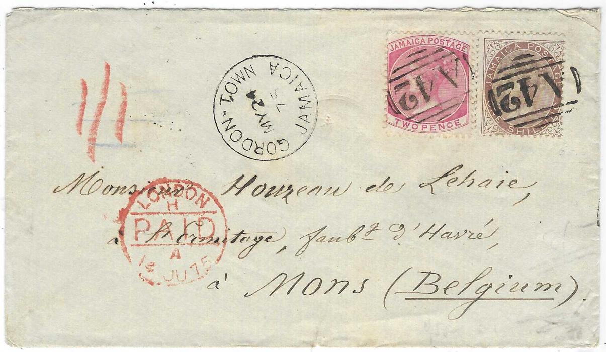 Jamaica 1875 (MY 24) cover to Mons, Belgium bearing 2d. rose and 1/- brown both cancelled by superb ‘A42’ and showing equally fine despatch alongside (Proud D2 and te earliest recorded), “1/1” manuscript rating, London Paid of 14 JU, reverse with Kingston (MY 4), ANGLETERRE/OUEST entry (14.6) and Mons Station (14.6.) backstamps; a most attractive franking.