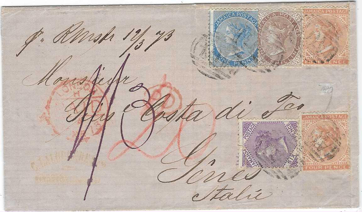 Jamaica 1873 (9 MR) outer letter sheet to Genoa, Italy franked 1870-83 Wmk Crown CC 1d., 4d. (2), 6d. and 1s. tied ‘A01’ obliterators prepaying the 2s3d ½oz rate, red London transit and oval-framed PD, manuscript “1/3” credit to UK and red “20” local charge, Kingston backstamp and arrival cancel. Very fine and attractive. Ex. Dubois.