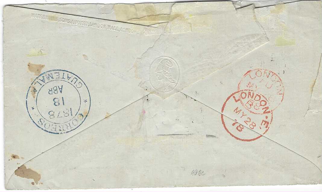 Guatemala 1878 (16 ABR) cover to London franked by 1878 2r. carmine-rose pair tied by ‘18’ numeral obliterator in oval, Zacapa datestamp bottom left, ‘1/-‘ blue handstamp for British Seamail fee, reverse with Guatemala cds of 18th and two different red London cds; a little roughly opened at top causing small loss of backflap, still a fine early transatlantic cover.