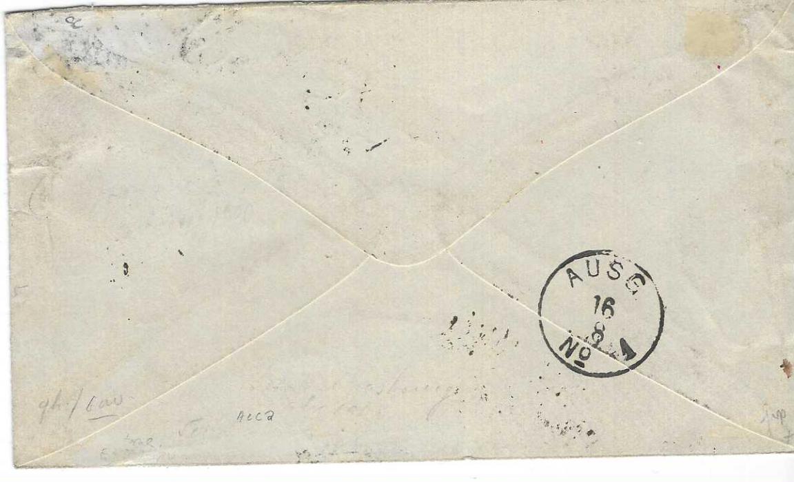 China (French Post Offices) 1881 (1 Juil) envelope to Mainz franked Sage 2c., 4c. and two 15c. tied by ‘5104’ large figures lozenge with Shang-Hai Chine cds in association, arrival backstamp. The 2c. is unrecorded with with the gross chiffres ‘5104’ cancel, believed to be a unique franking.
