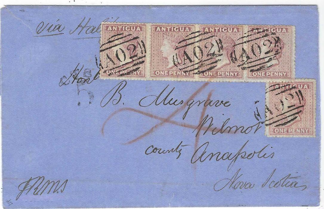 Antigua ANTIGUA:  1864 (JU 11) outer letter sheet without side flaps to Wilmot, Nova Scotia franked 1863-67 1d. rosy-mauve, wmk Small Star, rough perf 14 to 16 single and horizontal strip of four tied by superb strikes of St. John’s ‘A02’ obliterators, endorsed “Via Halifax”,  red crayon “4” credit marking and at left cursive ‘CTS/ 5’ charge on arrival, reverse with neat Antigua despatch, double arc St Thomas transit (JU 13), Halifax date stamp (JY 12) and Wilmot arrival. A very fine and rare cover. Ex. Charlton-Henry (1961), Victor Toeg (1990), F. Mayer (2004) and Besancon. 
