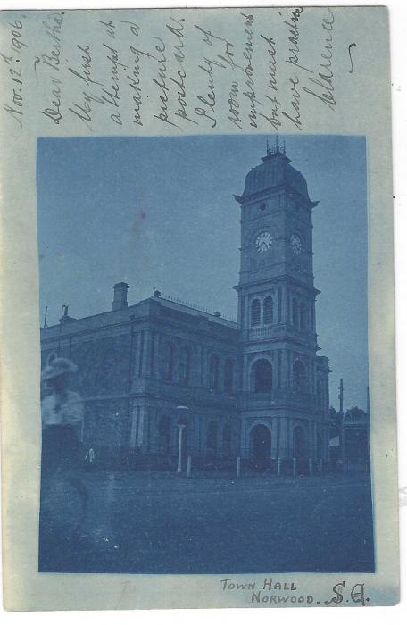 South Australia SOUTH  AUSTRALIA:  1906 1d. brown postal stationery card with blue image on front of ‘Norwood Town Hall’ to Eastwood bearing very fine cancel of Adelaide. With note on front “My first attempt at making picture postcard. Plenty of room for improvement”.