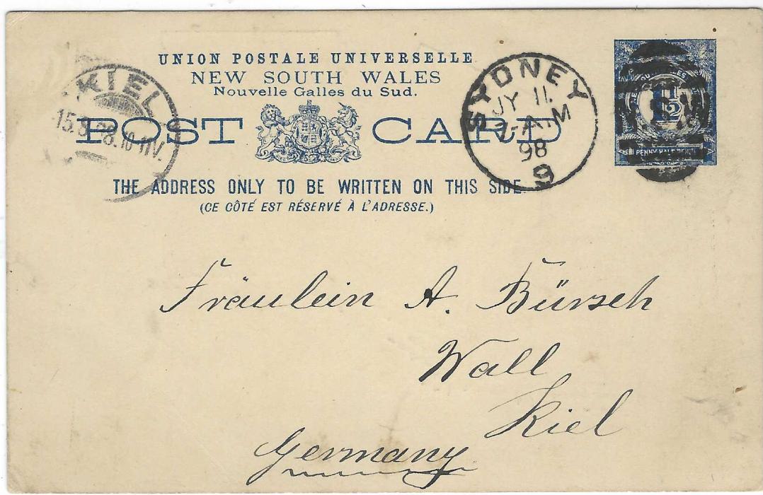 New South Wales 1898 ‘Gruss aus Australien’ 1½d. postal stationery card with printed images ‘Concordia Association’, ‘German Club’ and ‘German Church’ of Sydney, used from there to Kiel; fine and scarce card.