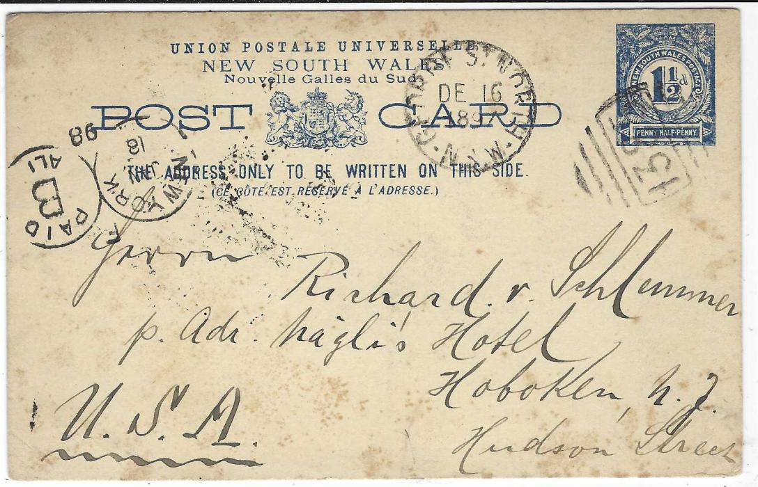 New South Wales 1898 ‘Gruss aus der umgekehrten Welt’ (Greetings from the Opposite World) 1½d. picture stationery card used to USA cancelled ‘1385’ obliterator with George St North cds in association, some staining mostly on reverse.