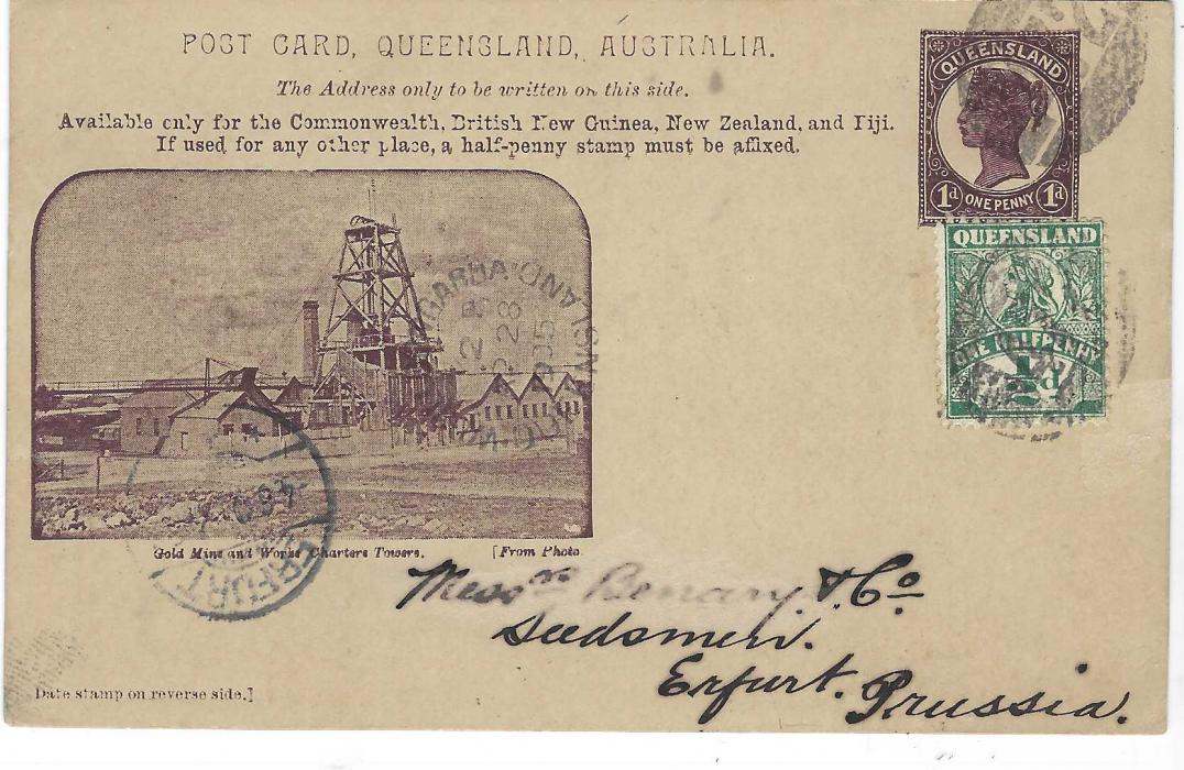 Queensland 1905 1d. picture postal stationery card ‘Gold Mine and Works Charters Towers’ used to Erfurt, Germany and uprated ½d. green tied by ‘472’ numeral obliterators, slightly unclear cds to left, arrival cds, with message on reverse.