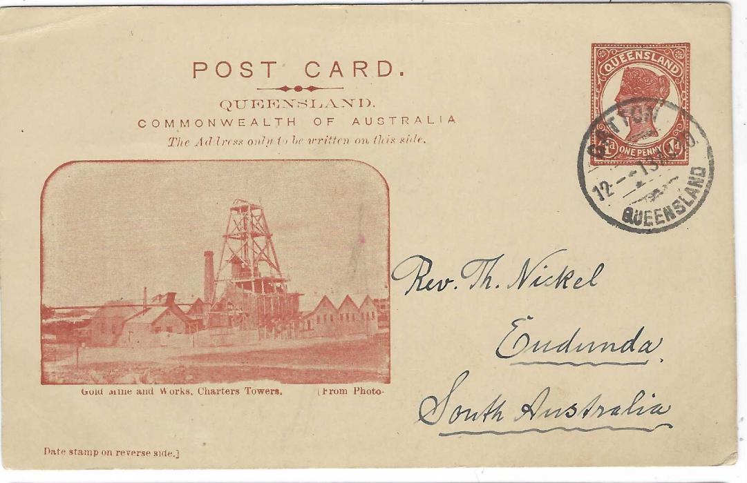 Queensland 1905 1d. orange-brown picture postal stationery card ‘Gold Mine and Works Charters Towers’ used to South Australia with fine Gatton cds.