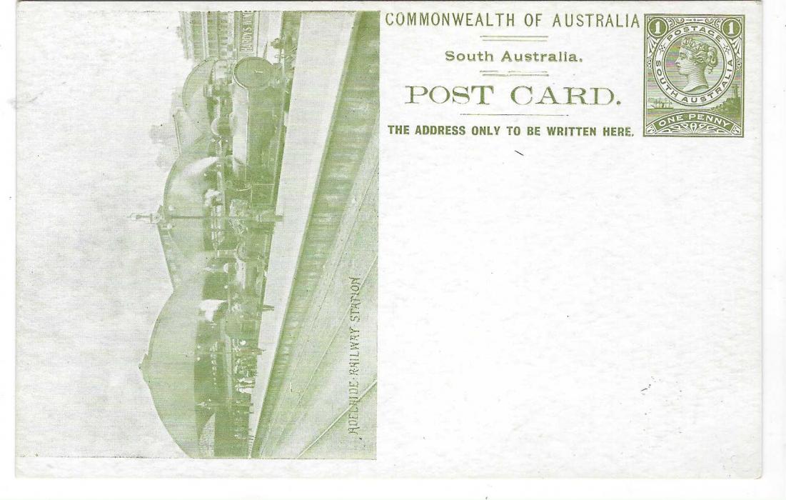 South Australia 1908 1d. dull green picture postal stationery card titled ‘Adelaide Railway Station’ very fresh unused.