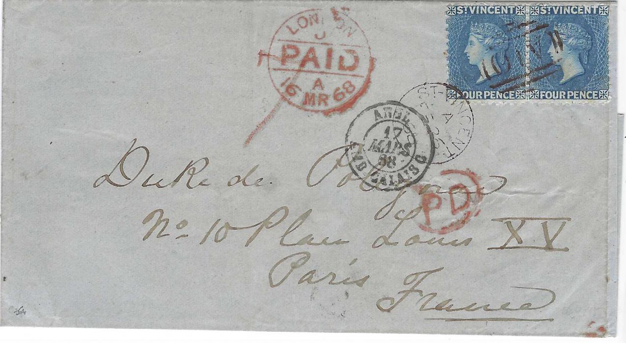 Saint Vincent 1868 (FE 25) ‘Duke de Polignac’ outer letter sheet to Paris franked 1862-68 4d. deep blue, no wmk., perf 11-12½, horizontal pair cancelled ‘A10’ obliterator and by St Vincent cds in a reddish brown ink. Manuscript credit “7” in red crayon, London Paid cds, oval-framed PD  and Calais entry cds all on front; fine appearance, rare cover. Ex Bresancon. 