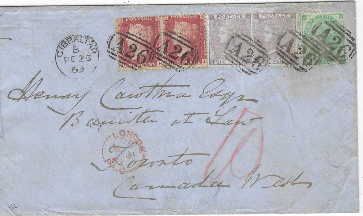 Gibraltar 1863 (FE 25) double rate cover to Toronto franked Great Britain 1857 1d. rose-red pair, SI-SJ, 1862 6d. lilac in a horizontal pair with trimmed wing margin and single 1s. green tied by five strikes of ‘A26’ obliterator with single ring GIBRALTAR cds at left, London Paid transit at base, arrival backstamp. Envelope folded at left for purposes of display, a scarce destination and rate, attractive franking. Ex H. Wood.