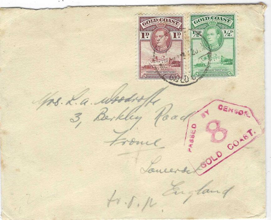 Gold Coast 1940s censored cover with unclear despatch date stamp to Frome, Somerset, franked ½d. and 1d., framed ‘8’ censor cachet, reverse with blue SPITFIRES FUND vignette without cancel; some slight toning.