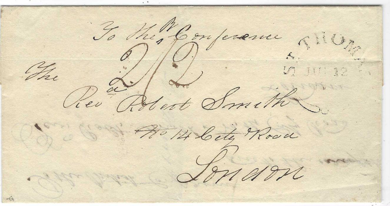 Danish West Indies (Second British Occupation) 1813 (Jun 12) outer letter sheet to London, endorsed at top “To the b. Conference”, struck with large ST THOMAS fleuron, rated “2/2” t pay in manuscript upon receipt, London arrival backstamp of 15 JY. Good clean example. Ex. H Wood.