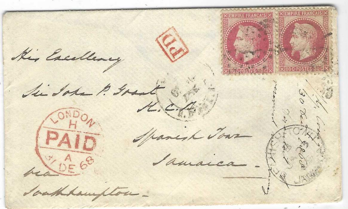Jamaica 1868 (Dec) incoming envelope from Paris, endorsed “via Southampton”, addressed to Sir John P. Grant/ Spanish Town” franked two 80c Laureated Napoleons tied ‘3’ Paris stars lozenge, Paris cds to left, boxed PD, London PAID transit and Spanish Town arrival, reverse with Kingston date stamp. Ex Dubois.
Sir John Peter Grant was the first Governor under the Crown Colony Regime which lasted from 1866 until 1884 with the Governor having absolute power. He laid the foundations of the modern Jamaica by improving the legal system, creating local councils, all island Police force, local medical system and transferred the seat of Government from Spanish Town to Kingston.

