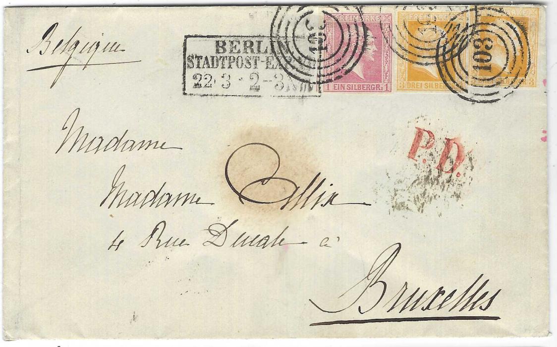 Prussia Late 1850s mixed franking cover ro Belgium bearing 1857 3Sgr (2) with four close to large margins (the right hand stamp very harshly described in certificate as rubbed at top) in combination with 1859 1Sgr rose-red, tied four ring 103 numerals with framed BERLIN/ STADTPOST-EXPED VII date stamp in association, reverse with Belgian entry  and Brussels arrival cds, the wax seal has been cut out. As with most covers from this correspondence it is overfranked, H.Wasels Cert. Ex Erivan.
