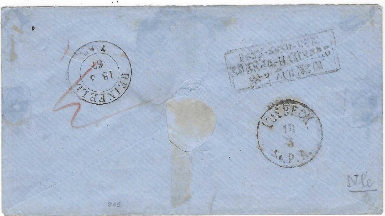 Lubeck 1867 envelope to Rehorst franked by 1864 1¼ Schilling, four good even margins cancelled by Travemunde cds, reverse with Reinfeld and Lubeck transits plus framed LUBECK-HAMBURG Zug No. IV date stamp. Ex Erivan. 