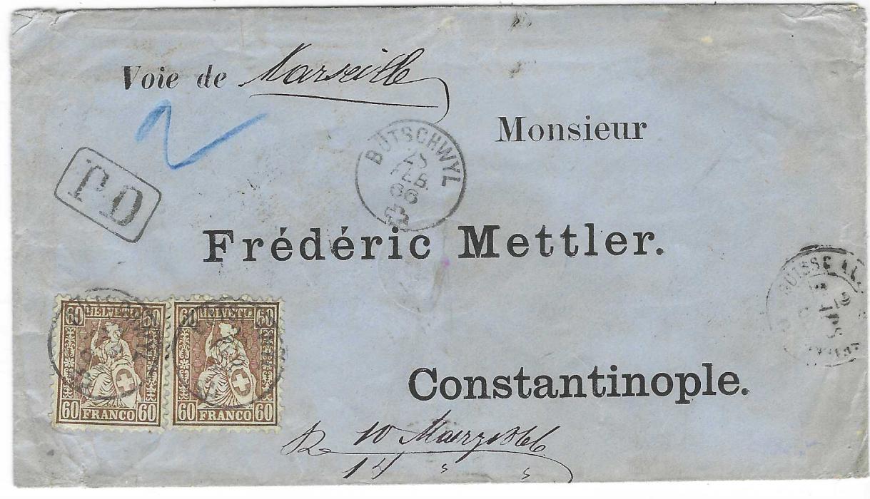 Switzerland 1865-66 three ‘Seated Helvetia’ printed commercial covers to Constantinople, all from Butschwyl, April 1865 30r red and 60r copper bronze, endorsed to travel via “Wien & Kustendje”, Dec 1865 cover with three colour franking at 90r rate to go via Trieste and 1866 cover endorsed to go by Marseille and franked two 60r copper bronze, the first two with arrival cancels of Austrian offices and the last French, a fine trio of covers, two with BPB Certs and last with P Guinand Cert .