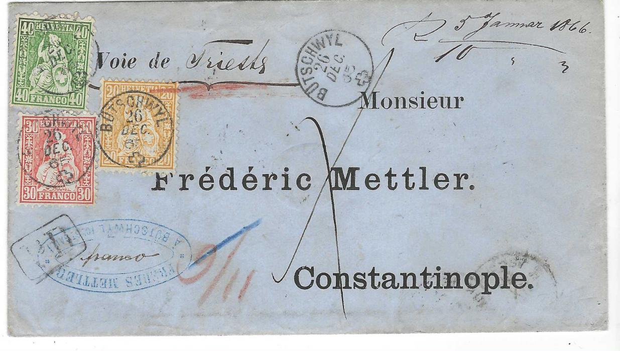 Switzerland 1865-66 three ‘Seated Helvetia’ printed commercial covers to Constantinople, all from Butschwyl, April 1865 30r red and 60r copper bronze, endorsed to travel via “Wien & Kustendje”, Dec 1865 cover with three colour franking at 90r rate to go via Trieste and 1866 cover endorsed to go by Marseille and franked two 60r copper bronze, the first two with arrival cancels of Austrian offices and the last French, a fine trio of covers, two with BPB Certs and last with P Guinand Cert .