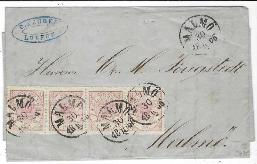 Lubeck 1866 entire to Malmo, Sweden with company handstamp, franked Denmark 1864 3sk., 1st printing, perf 13 x 12½ strip of four, cancelled on arrival by Malmo cds (the right-hand stamp with a cliche flaw in NE corner)rough perfs at base and right-hand stamp slightly rounded bottom right corner; a fine and scarce usage, Moller Cert.