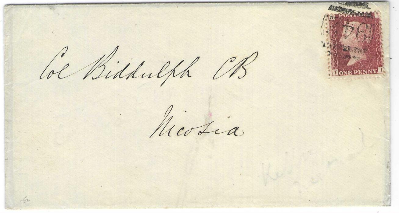 Cyprus c1879 local envelope from Larnaca to Sir Robert Biddulph at Nicosia franked Great Britain 1864/79 1d. red plate 179, TI, tied by ‘942’ obliterator in black. Envelope slightly fragile, rare and still very fine.
Sir Robert Biddulph became High Commissioner and Commander-in-Chief of Cyprus in July 1879.
