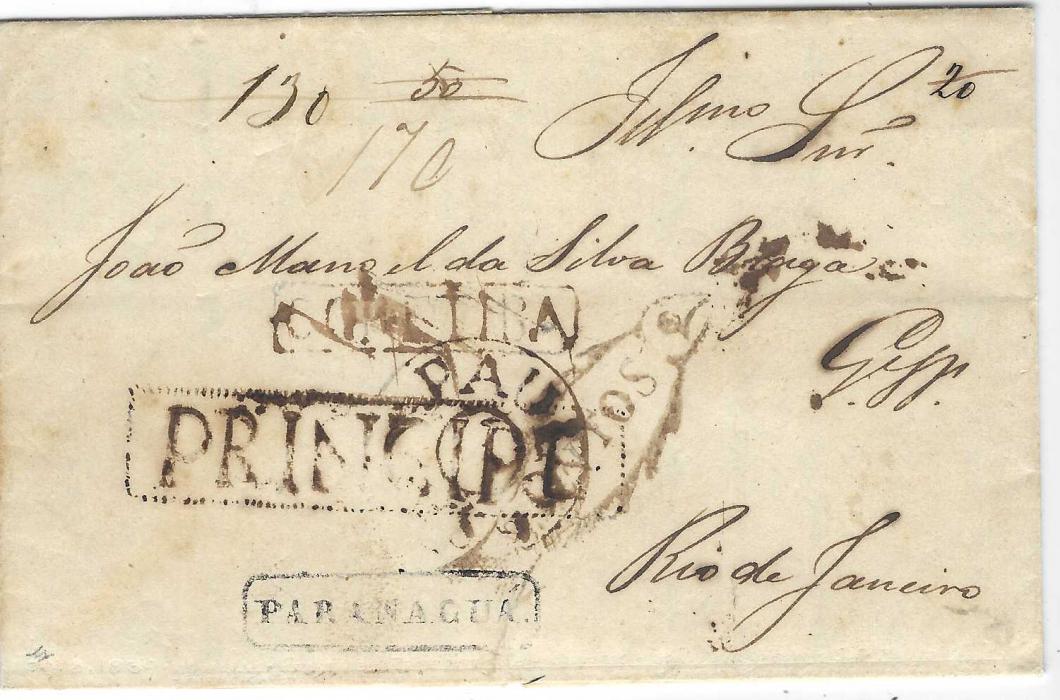 Brazil (Coastal Packets) 1839 (Aug 30) entire from Rio Negro (Parana) to Rio de Janeiro sent overland via Principe with framed ‘PRINCIPE’ handstamp in brown and thence via ‘CORETIBA’ and ‘PARANAGUA’ to Sao Paulo with circular handstamp and then Santos where the famous ‘SANTOS FISH’ pictorial handstamp applied and carried down the cost to Rio de Janeiro. The rates of postage for each leg accumulated from 20 to 50 to 130 to an eventual 170 reis on receipt. A remarkable cover with five different pre-stamp markings. Ex ‘Prefilatelia de Brasil’ Soler y Llach !995) and Ex Everaldo Santos.