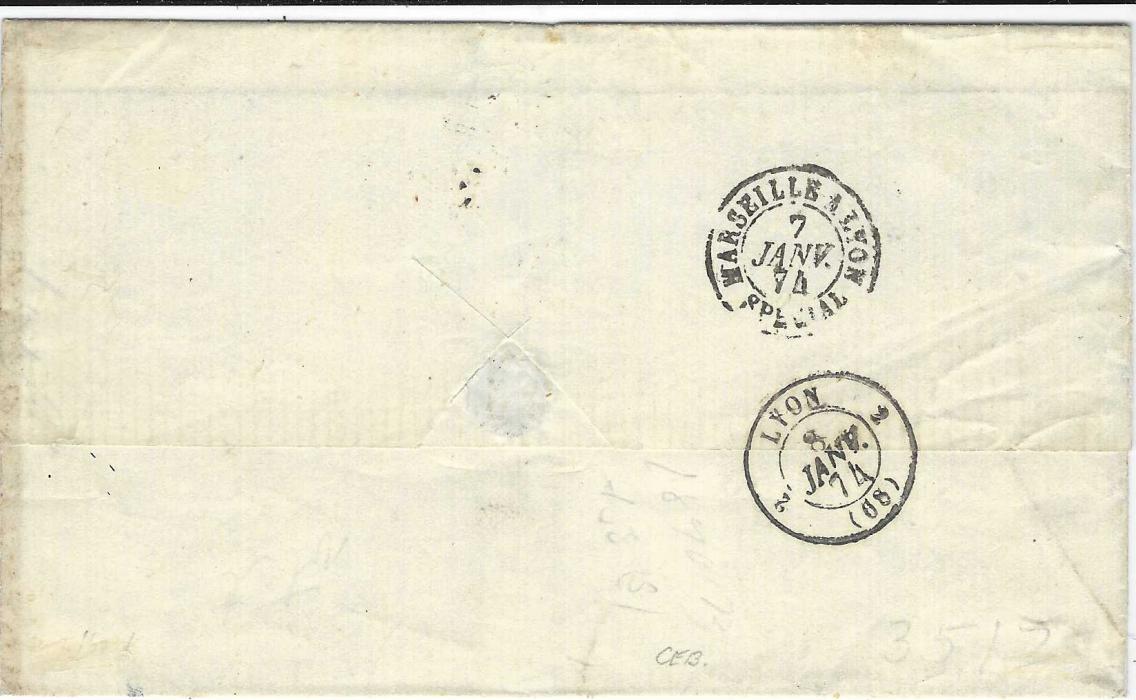 China (French Post Offices) 1873 (27 Nov) outer letter sheet to Lyon franked by 1871-75 25 Ceres type I in horizontal strip of four paying single rate, cancelled ‘5104’ numeral lozenge with Shanghai Chine cds in association tying two stamps, small red framed PD to left, endorsed at top “via Marseille”, reverse with French arrival cancels.