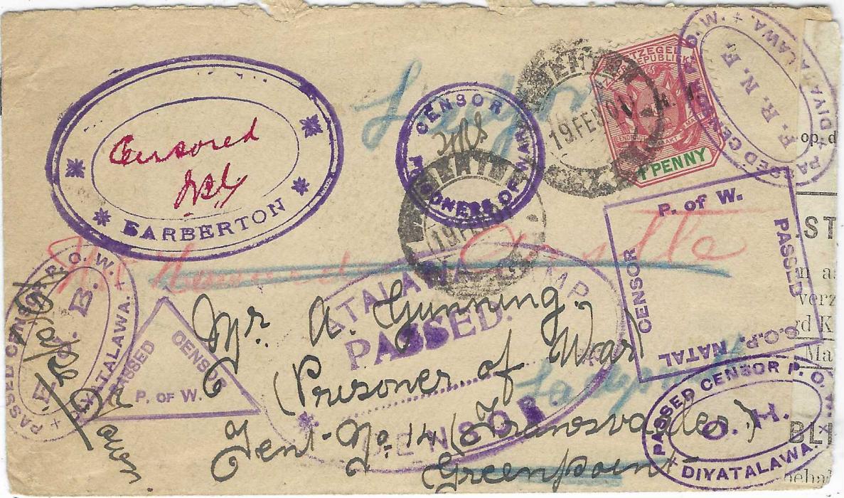 South Africa (Boer War) 1901 (19 Feb) cover from Barberton to Green Point Camp, franked with Transvaal 1900 1d. rose-red and green overprinted ‘V.R.I.’, addressed to the elusive “Mr A Gunning/ Tent No.14 (Transvaales)/ Greenpoint, Cape Town”, censored on departure with large double-lined violet oval ‘Burgher Camp/ Barberton’ with “censored” and initials at centre, sent via Pretoria (24.2.) to Green Point Camp (1.3.) where it was censored on arrival, redirected north to Ladysmith camp where it was again censored and rectangular ‘PASSED/ S.O.P NATAL/ CENSOR/ P. of W.’ and triangular ‘PASSED/CENSOR P. OF W.’ Applied, from there sent to Diyatalawa Camp CEYLON where three separate censors have applied their violet oval handstamp. One censor en route has improvised some tape handstamping it ‘On H Majesty’s Service’ (folded out for display). An extraordinary redirected cover, showing eight censor marks on face, having travelled through FOUR camps. Remarkable and probably unique.