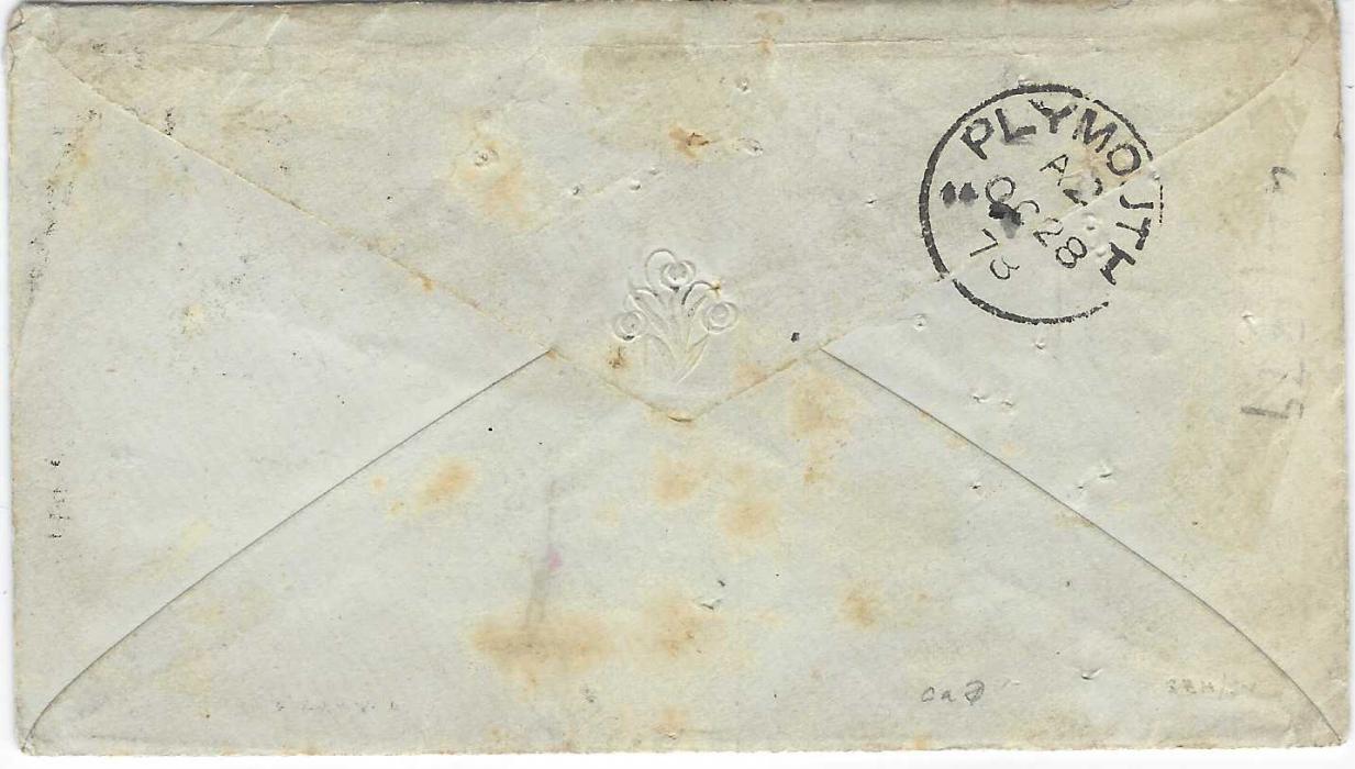Panama (British Post Offices) 1878 (Oct 6) envelope to Plymouth franked Great Britain 1864 1d., plate 191, SE-SF tied by PANAMA C35 duplex. endorsed at top “from J. Frost Stoker/ H.M.S. Pelican”. Arrival backstamp. Some slight damage at top left of left-hand stamp but an extremely rare concessionary usage (rate of 1d. for Panama transit charge and 1d. for Sailor’s rate) Only a few cover recorded. Ex Charles Warren, Andre Bollen and H. Wood.