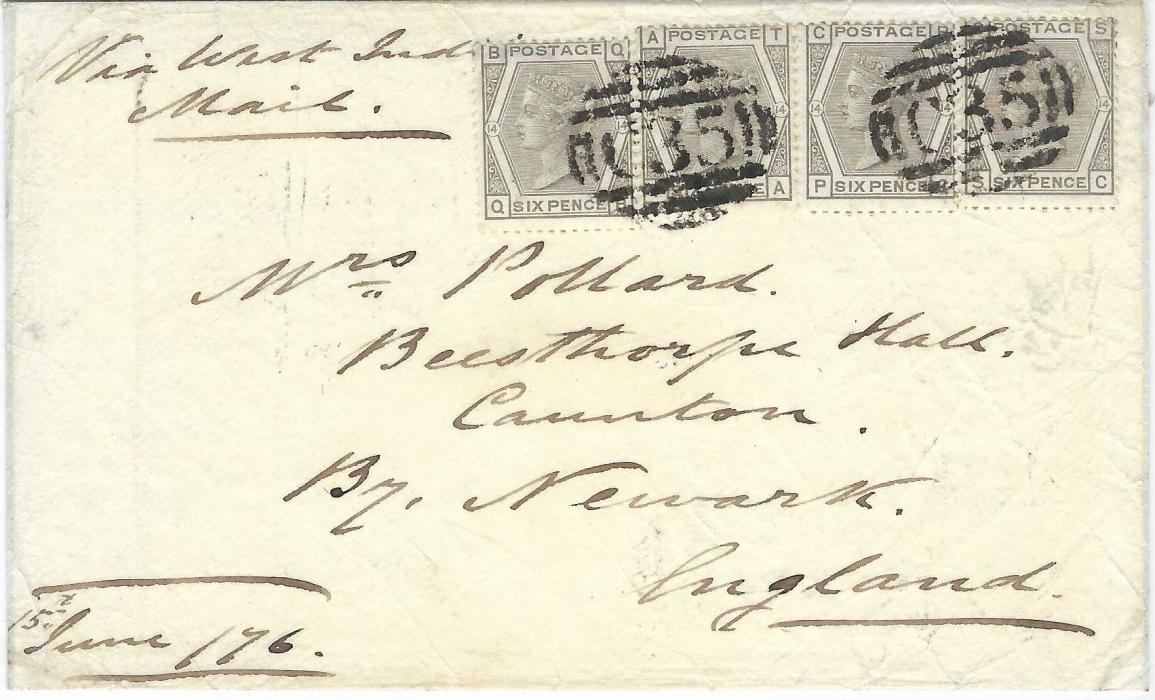 Panama (British Post Offices) 1876 (June 15) double rate envelope to Newark, England endorsed “Via West Indies/ Mail” bearing four single Great Britain 1874 6d. grey, plate 14 tied by two fine strikes of ‘C35’ obliterator, arrival backstamp; fine looking cover with a rare franking. Ex H. Wood.