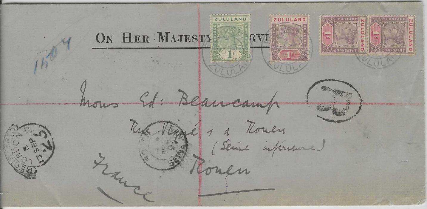 Zululand 1897 (AU 19) ‘ON HER MAJESTY’S SERVICE’ envelope to Rouen, France franked 1894-96 1d. (3, single and pair) and 1s. tied double ring Eshowe cds, the front with London transit and arrival, reverse with Durban Natal transit