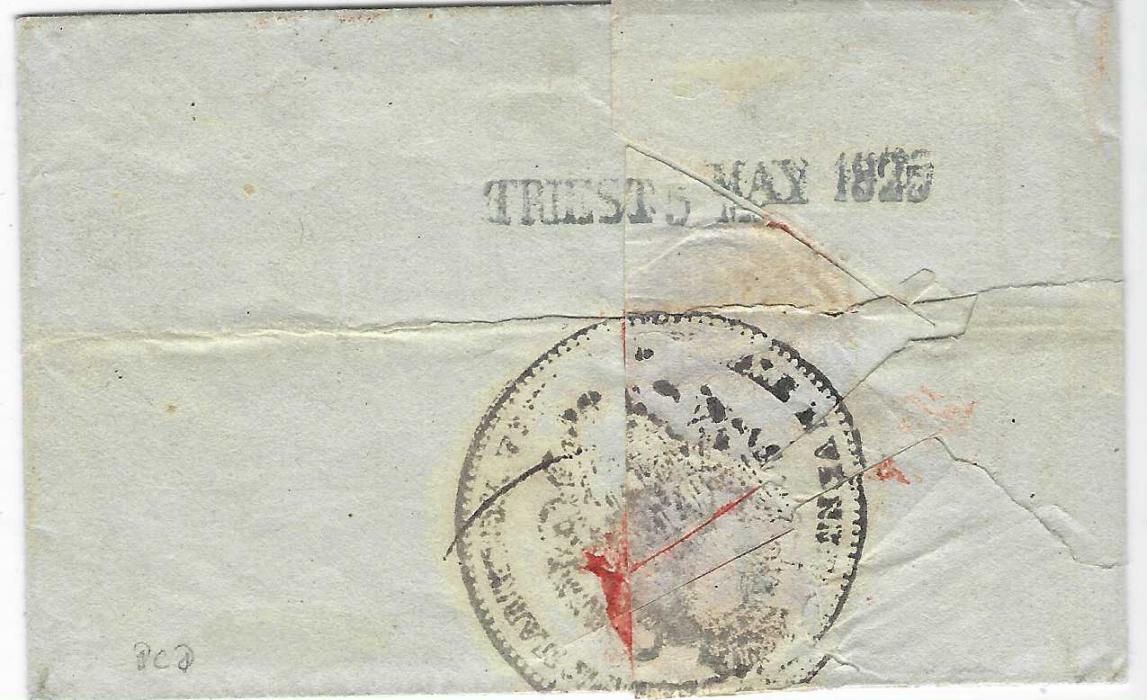 ALBANIA 1825 (April 25) entire from Scutari to Trieste struck with straight-line LEVANTE handstamp (Muller 1923a = 210 points) in red applied on arrival, reverse with straight-line arrival. A rare cancellation in red, the cover illustrated in ‘Die Osterreichische Post in der Levante’ (page 210). Ex Werner Schindler.