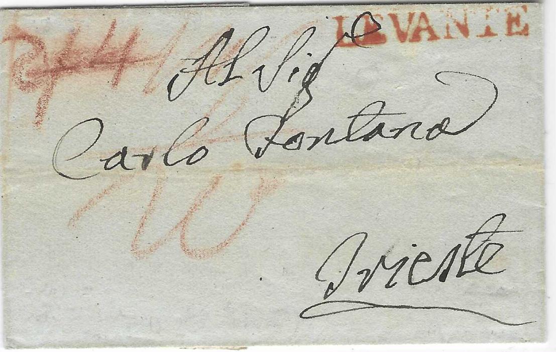 ALBANIA 1825 (April 25) entire from Scutari to Trieste struck with straight-line LEVANTE handstamp (Muller 1923a = 210 points) in red applied on arrival, reverse with straight-line arrival. A rare cancellation in red, the cover illustrated in ‘Die Osterreichische Post in der Levante’ (page 210). Ex Werner Schindler.