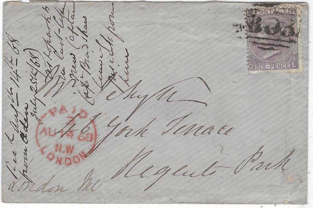 Aden (Maritime Mail) 1868 cover franked Great Britain 1867-70 6d. lilac, plate 6, watermark spry tied by reasonably clear ‘B03’ obliterator, red London Paid cds at left. Endorsed at side “rec’d Aug 14th 68/ from Aden/ July 25th 68”. With RPSL Cert (1995)