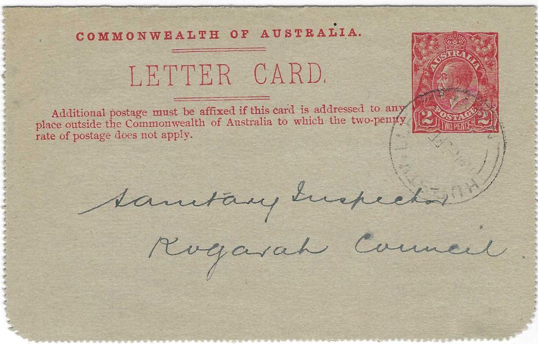 Australia 1923 2d. letter card with image in red of Flamingos entitled ‘Zoo, Adelaide, SA’, used within  Hurstville to the sanitary Inspector. Fine commercially used. 