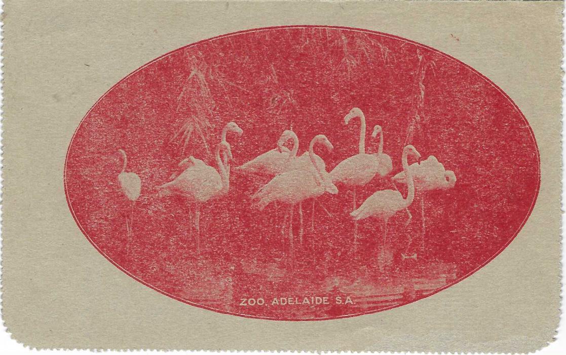 Australia 1923 2d. letter card with image in red of Flamingos entitled ‘Zoo, Adelaide, SA’, used within  Hurstville to the sanitary Inspector. Fine commercially used. 