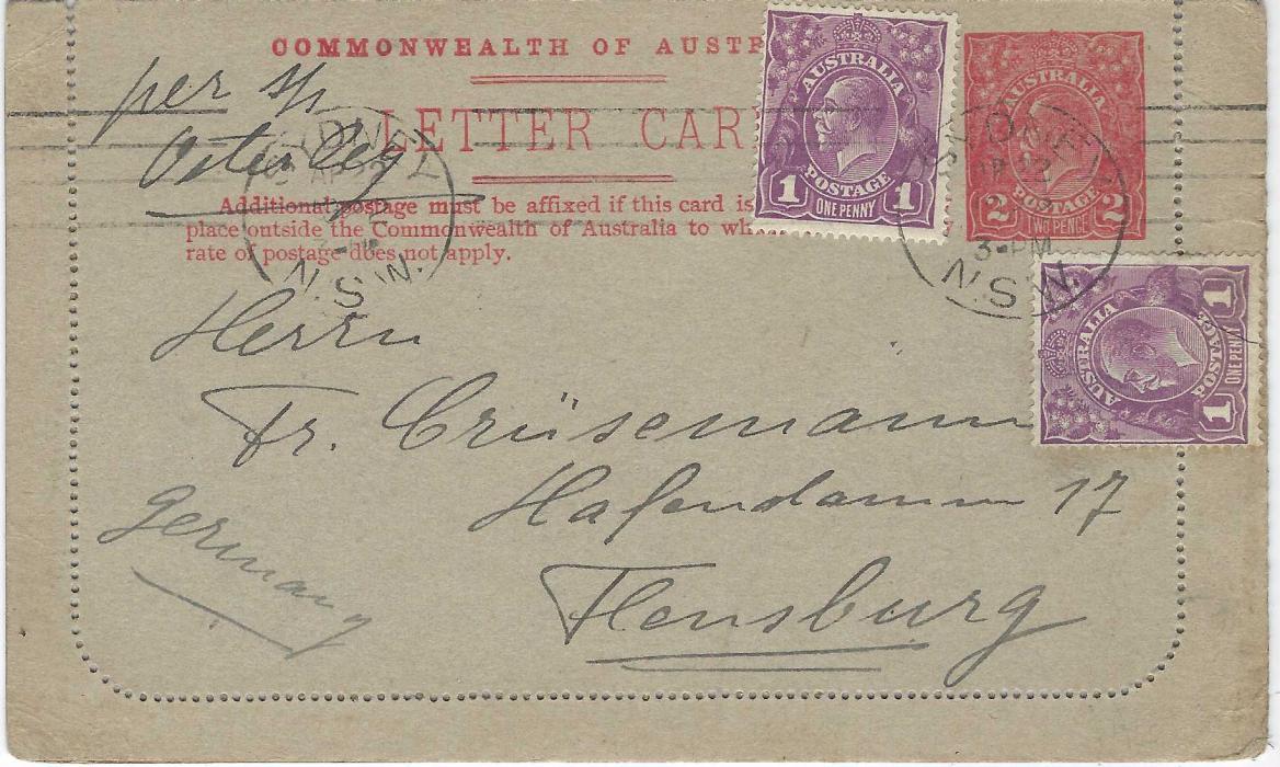 Australia (Picture Stationery) 1922 2d red letter card to Flensburg, Germany, uprated two1d. violet tied by Sydney machine cancel, reverse with image entitled ‘Pineapples/ Queensland’. Full message , opened carefully with selvedge complete with a little splitting at top