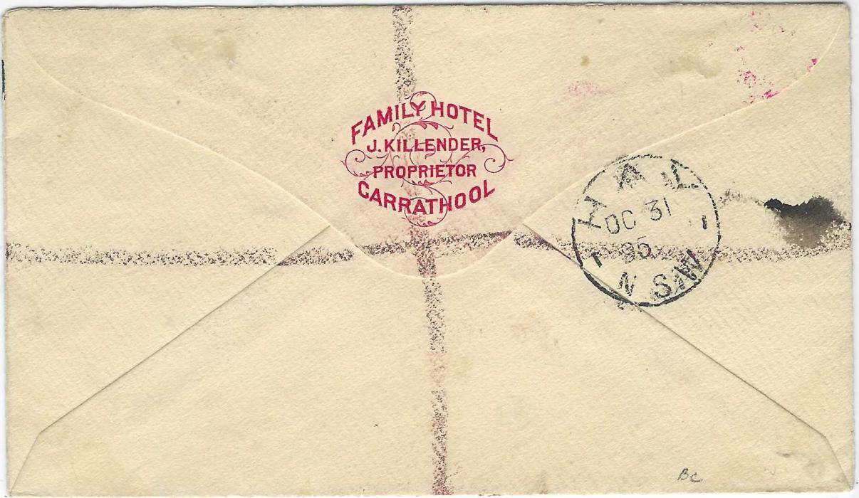 Australia (New South Wales) 1895 (OC 30) registered ‘FAMILY HOTEL’ envelope to Hay franked with 3d. green plus 1894 telegram stationery cut-out 1s. black tied ‘133’ numeral obliterators with Carrathool N.S.W. in association, registered manuscript and handstamps at left, arrival backstamp of next day. Fine and unusual.