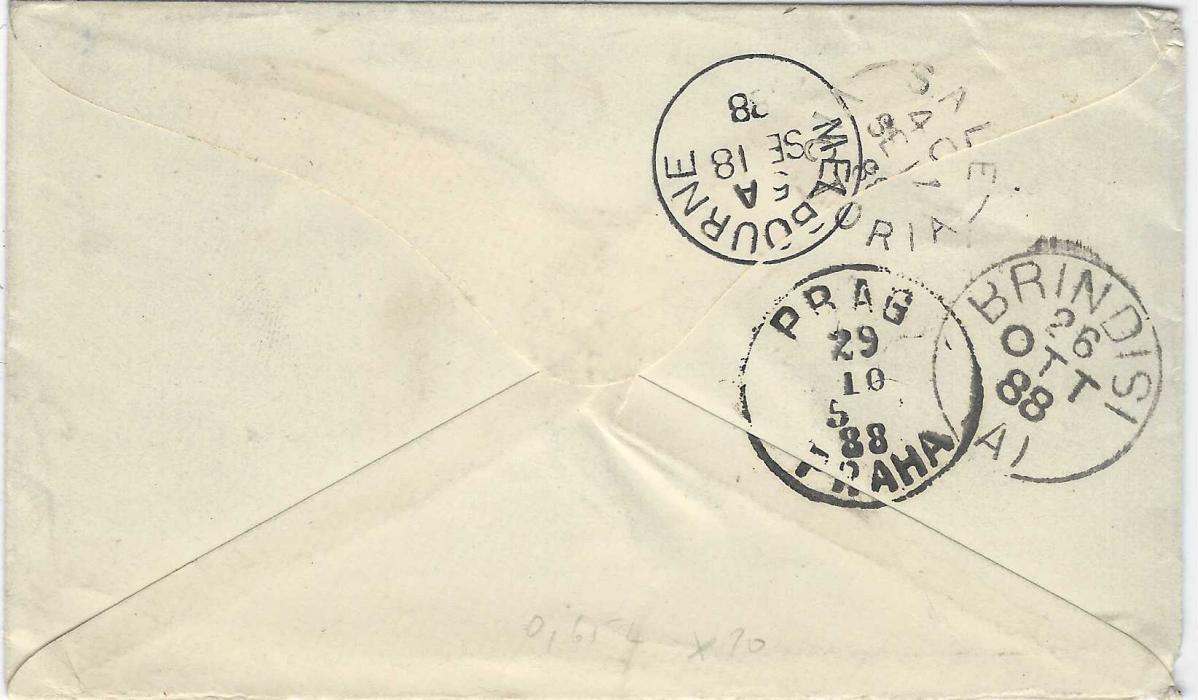 Australia (Victoria) Two 1888 covers to Prague, both endorsed “Via Brindisi” and from Longford with stamps tied by ‘556’ numeral obliterators, the first dated AP 21 franked 2d. and 6d., the second dated SE17 with only a 6d. (damaged corner), both with Sale Victoria and Melbourne transits and arrival covers, the 6d cover with Brindisi transit, the 8d rate cover with Napoli and Bologna transits
