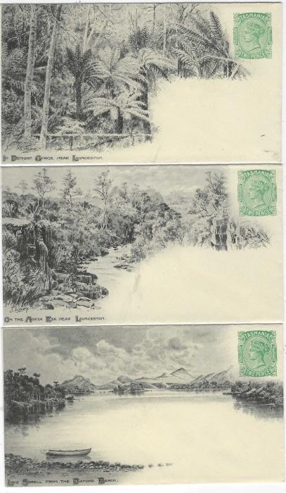 Australia (Tasmania) 1898 2d green postal stationery envelopes, a set of six with different printed black views with titles. Fine Post Office issued stationery with only between 308-312 of each printed.