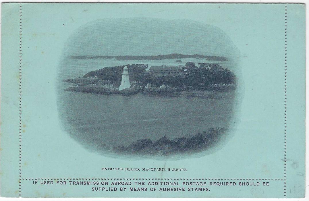 Australia (Tasmania) 1900 2d. stationery letter card with picture on reverse entitled ‘Entrance Island, Macquarie Harbour’ and showing the Lighthouse, the front bears dark blue unusual  SPECIMEN; a few slight tones.