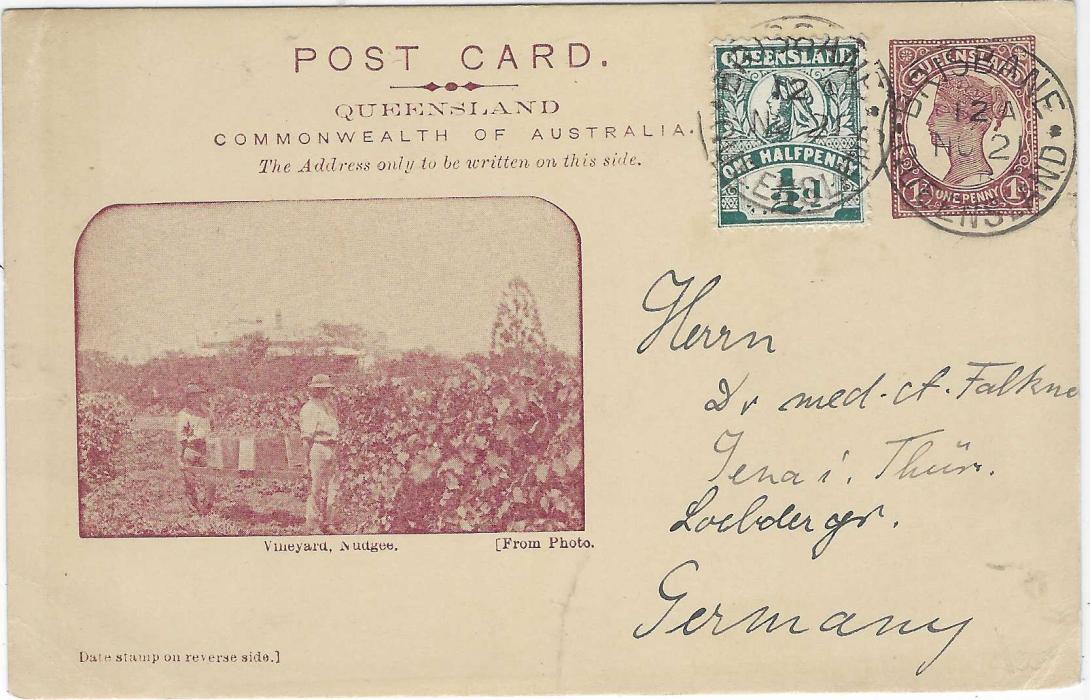 Australia (Queensland) circa 1900 1d. purple-brown picture stationery to Germany, uprated ½d. tied Brisbane cds, printed image at left entitled ‘Vineyard, Nudgee; bottom right corner crease otherwise fine.