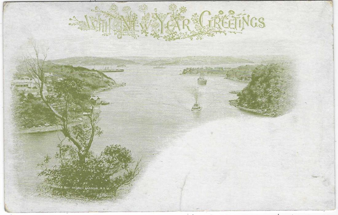 Australia (New South Wales) 1897 1d. picture stationery card in olive ‘With New Year Greetings’ entitled ‘Mossman’s Bay, Sydney Harbour N.S.W.’ overprinted diagonally in blue SPECIMEN; some slight edge bumps