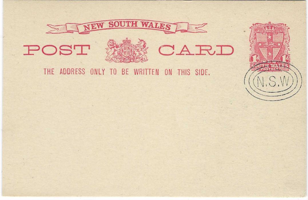 Australia (New South Wales) 1897 1d. picture stationery card in steel blue ‘Greetings From’ entitled ‘Town Hall, Sydney N.S.W.’ with three-ring oval  N.S.W. that was applied to examples sent to U.P.U.; fine condition